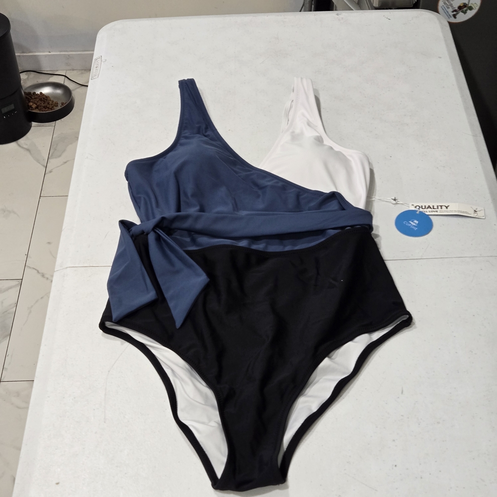 Cupshe One-Shoulder Colorblock One-Piece Swimsuit - Blue, Black & White